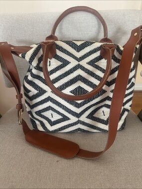 Tribe Alive Black and White Geometric Woven Tote with Brown Leather Trim